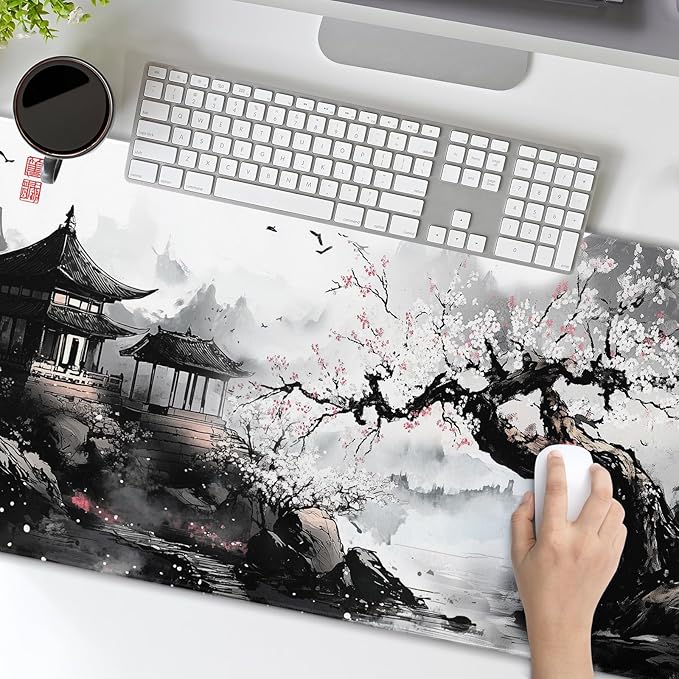 Black Whtie Japanese Gaming Mouse Pad XXL Anime Sakura Cherry Blossom Tree Extended Large Mat Mousepad Desk Pad Non-Slip Rubber Base Stitched Edge Keyboard Pad Playmat for Computer35.4×15.7 Inch