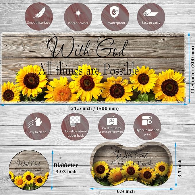Large Game Mouse Pad + Wrist Support Pad + Coffee Coaster Sunflower Quote Matthew 19:26 Foldable Table Mat with Stitched Edge Non-Slip Set Pad Suitable for Office Work and Home