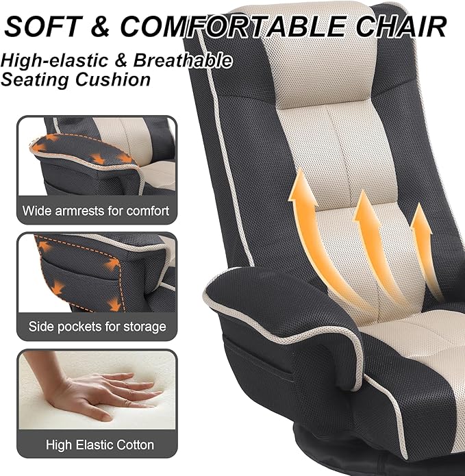 Swivel Floor Chairs for Adults Floor Gaming Chair with Extra Wide Arms Back Support 14 Angles Adjustable Comfortable Double Mesh Fabric Lazy Sofa for Video Game Chairs 201 (Grey + Beige)