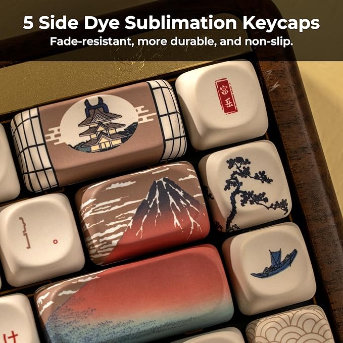 OHY XVX MOA Profile Japanese Fuji Mountain Theme PBT Keycaps Set 140-Key Coffee &amp Cream Custom Keycaps for US Layout Mechanical Keyboards (Brown/Beige Design with Key Puller)