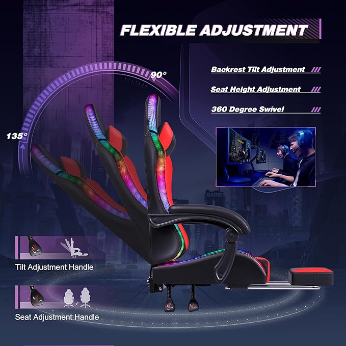 Homall Gaming Chair Video Game Chair with Footrest and Massage Lumbar Support Ergonomic Computer Chair Height Adjustable with Swivel Seat and Headrest (RGB Red)