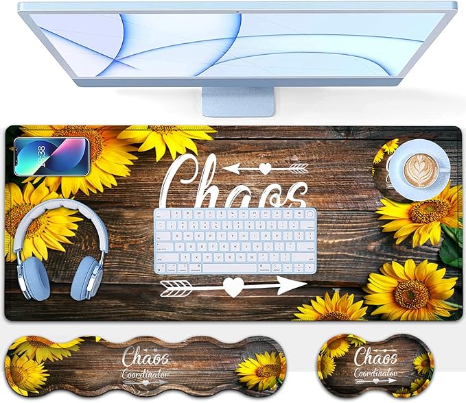 Desk Pad Keyboard Mouse Pad Set Extended Gaming Mouse Pad+ Ergonomics Memory Foam Wrist Rest Support31.5x11.8in Waterproof Large Mouse Pad for Home OfficeChaos Coordinator Sunflower XXL Mouse Mat