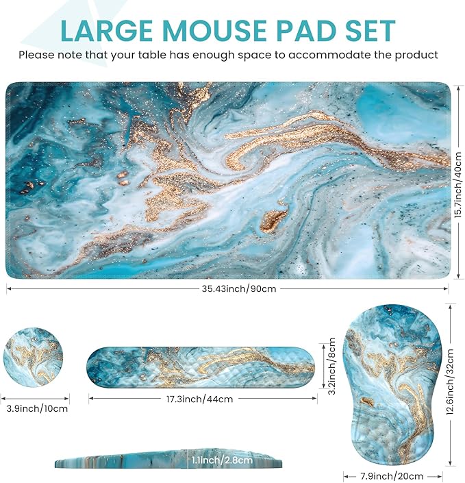 Desk Mat for Keyboard and Mouse Large Mouse Pad with Wrist Rest and Keyboard Pad 4PCS Carpal Tunnel Keyboard Wrist Support Computer Mousepad for Laptop Teal Blue Turquoise Marble