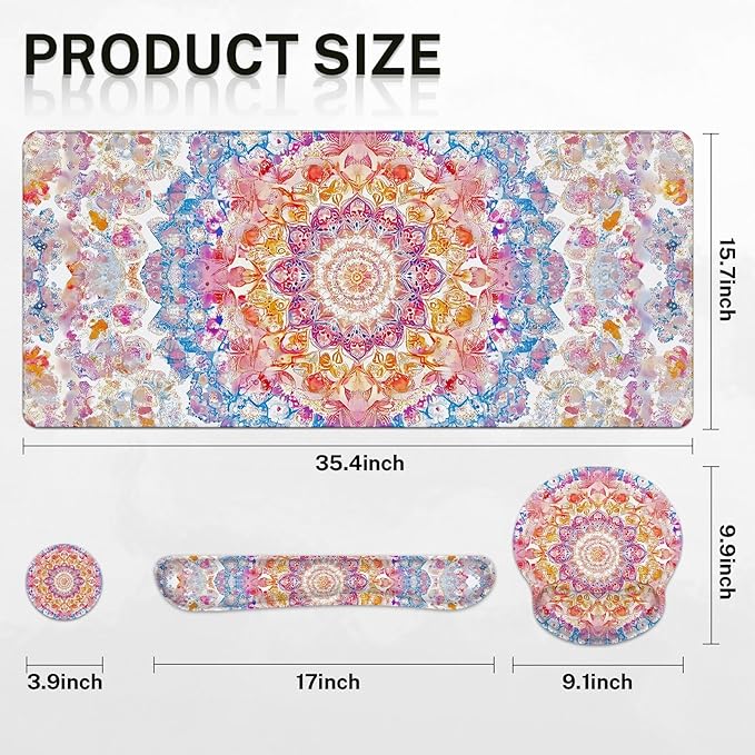 Arttown Boho Flower Floral Desk Mat Ornate Colorful Mouse Pad Set 4 in 1 Vintage Ergonomic Design Large Desk Pad + Keyboard Wrist Rest + Mouse Wrist Rest + Coaster Suitable for Home Office Study Game