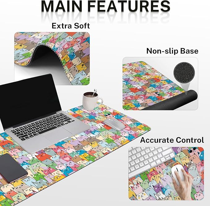 Arttown Cute Colorful Cats Desk Mat Animal Mouse Pad Set 4 in 1 Kawaii Ergonomic Design Large Desk Pad + Keyboard Wrist Rest + Mouse Wrist Rest + Coaster Suitable for Home Office Study Game