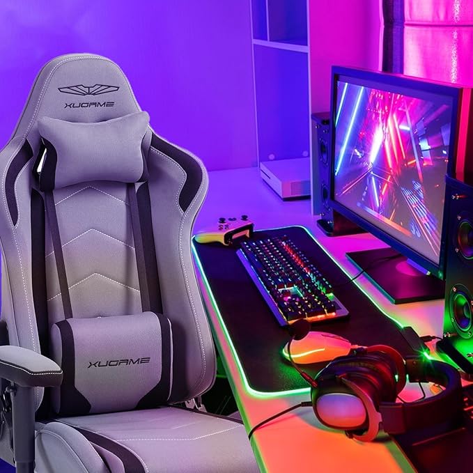 Gaming Chair Video Game Chair with Retractable Footrest and Lumbar Support High Back Ergonomic Computer Chair Adjustbale Height Backrest 4D Armrest (Grey)