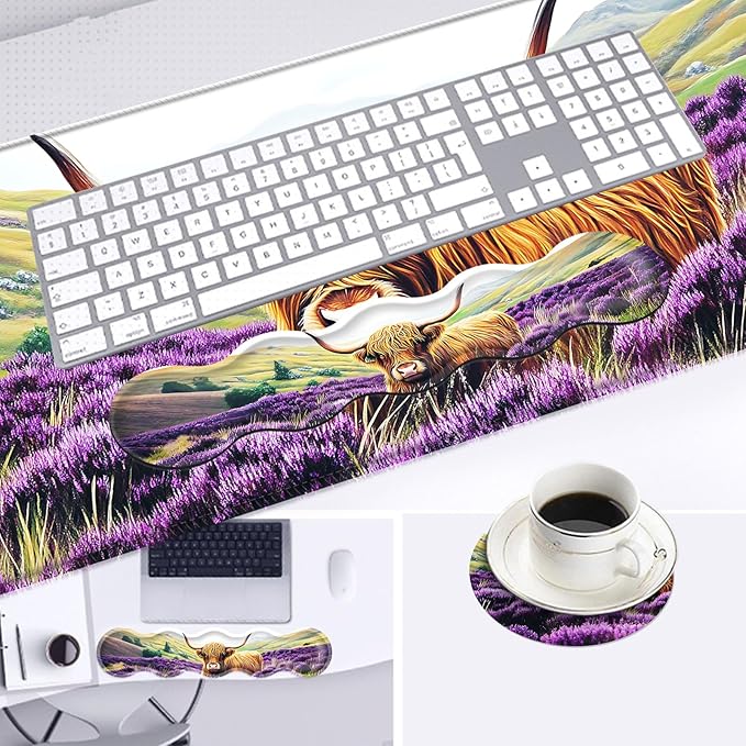 Large Mouse Pad and Keyboard Wrist Rest Desk Pad for Keyboard and Mouse 4-in-1 Large Gaming Mouse Pad with Wrist Support Desk Mat for Home Office Study GameCute Highland Cow