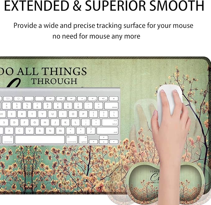 Large Gaming Mouse Pad + Mouse Wrist Rest Pad + Coaster Combination 31.5 x 11.8 Durable Non-Slip Extension Table Mat Suitable for Office and Home Philippians 4-13 Floral