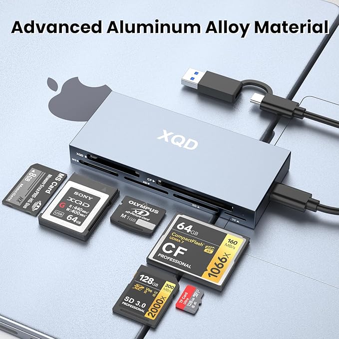 10Gbps XQD Card Reader 8 in 1 Multi-Card Reader USB C for Sony G/M Series Lexar 2933x/1400x USB Mark XQD Card/CF/XD/MS/TF/SD Memory Card Reader/Writer/Hub USB 3.2 for Windows/Linux/Mac OS/Android