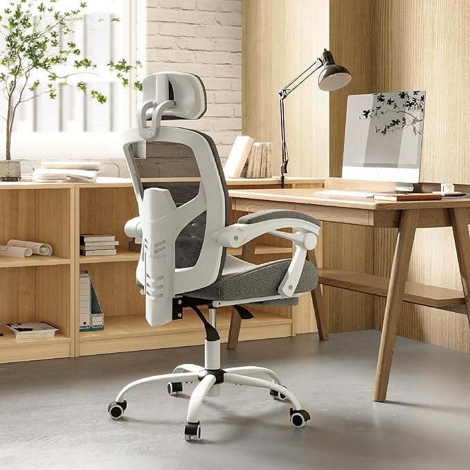 Ergonomic Office Chair with Footrest Comfortable Desk Chair Gaming Chair with Leg Rest Swivel Mesh Desk Chair with Headrest and Lumbar Support for Home Office Work Study Grey