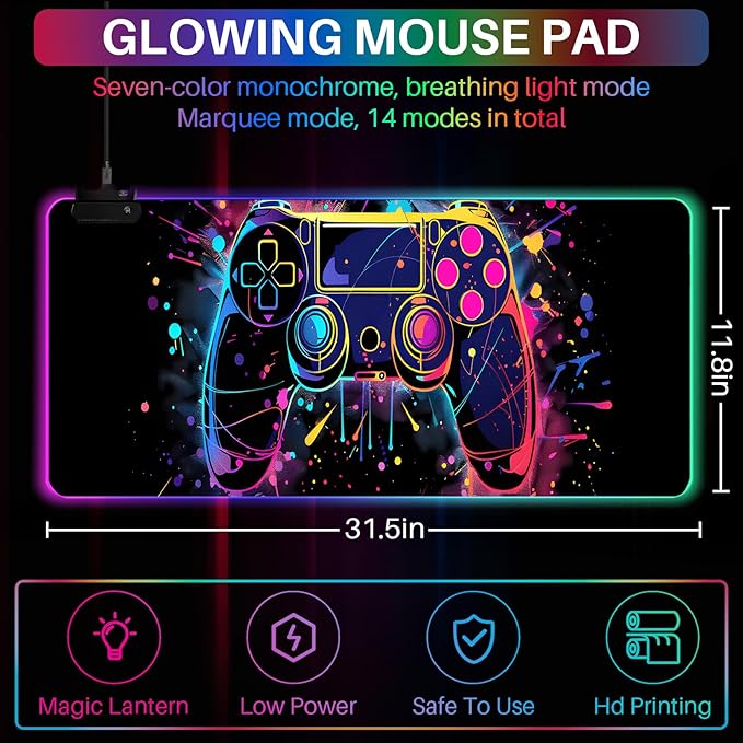 XL RGB Gaming Mouse Pad with 14 Light Modes - Light Up Gamer Mouse Pad31.5 x 11.8in Non-Slip Gamepad Style Led Large Gamer MousepadBlack Long Glowing Gaming Accessories for Desk Waterproof