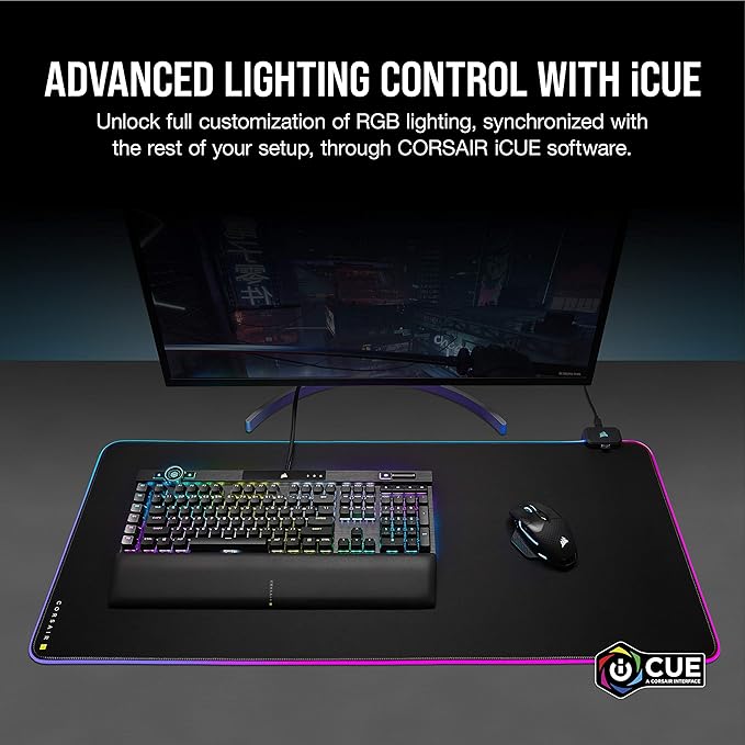 Corsair MM700 RGB Extended Cloth Gaming Mouse Pad - 36.6 x 15.8 - 360° RGB Lighting - Two USB Port Hub - Thick Rubber - Black