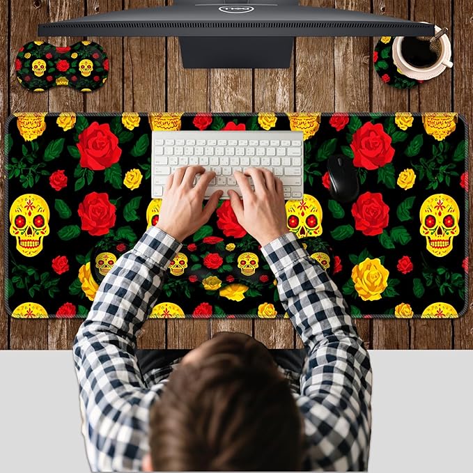 Ergonomic Keyboard Wrist Rest &amp Mouse Pad Wrist Rest SetXL Gaming Desk Mat 31.5x 11.8Non-Slip BaseMemory FoamEasy Typing Pain Relief for Office &amp HomeSugar Skull and Roses