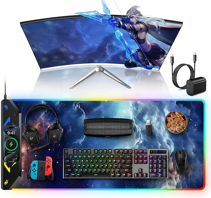 TopMade Wireless Charging Mouse Pad RGB Gaming Mousepad 35.4 x 15.8 Extra Large Waterproof Keyboard Desk Pad Computer Desk Mat Blue Nebula (Includes 20W PD Power Adapter &amp 6.56ft Woven Cable