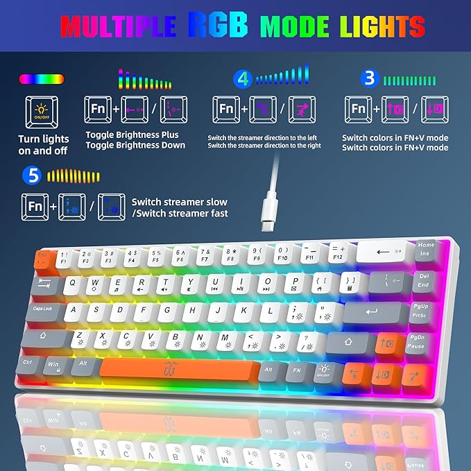 Snpurdiri 60% Percent Gaming Keyboard Ergonomic Compact RGB Backlit Small Gaming Keyboard for Windows PC Laptop (68 Keys White-Grey-Orange)