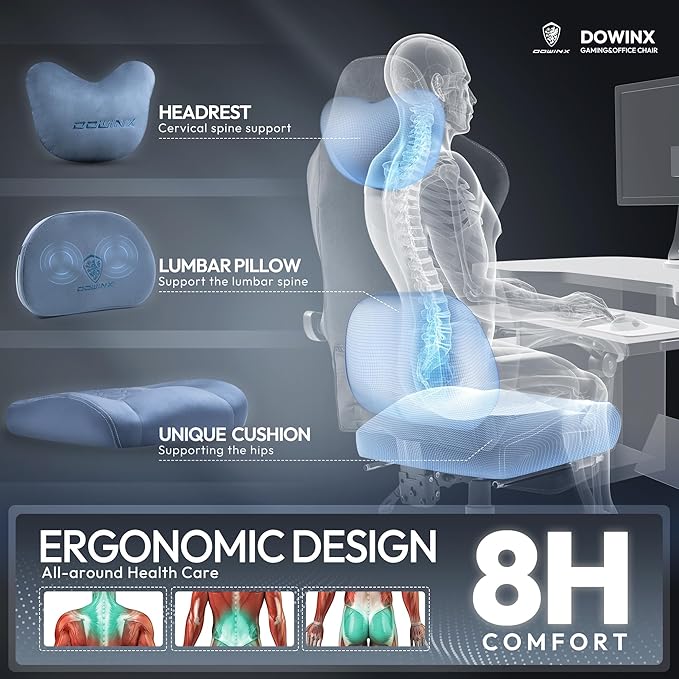 Dowinx Fabric Gaming Chair with Heated Massage Lumbar Support Computer Game Chairs for Adults Big Tall Gamer Chair with Pocket Spring Cushion and Footrest Recliner Gaming Chairs for AdultBlue