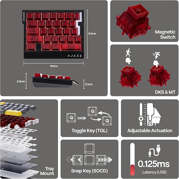 MechLands AJAZZ AK029 One Handed Gaming Keyboard 8Khz Polling 29 Keys Rapid Fast Wired Keyboard SOCD &amp DKS Magnetic Switch Adjustable Actuation RGB Backlits Aluminum Plate (Red Transparent)