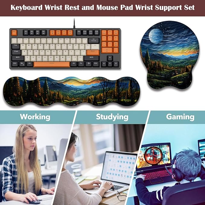 Keyboard Wrist Rest and Mouse Pad Wrist Support with Lace-Shaped Coaster Set Ergonomic Gel Memory Foam and Anti-Slip Base Easy Typing and Pain Relief - Art Moon Starry Night