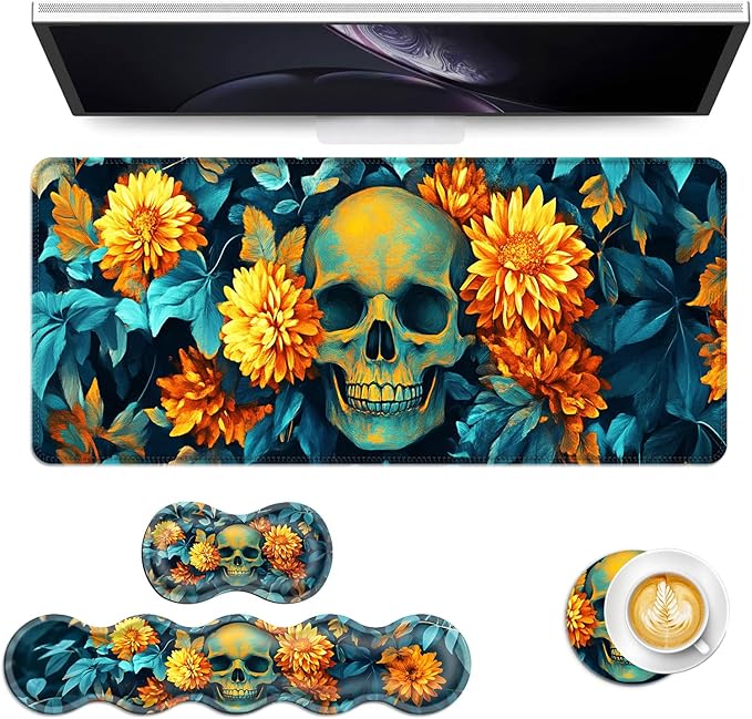Keyboard Mouse Pad Set Extended Gaming Mouse Pad+Ergonomics Keyboard Wrist Rest Support Memory Foam Easy Typing Pain Relief 4Pcs XL Ultra Thick Desk MatSkull with Yellow Flowers