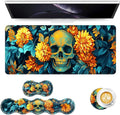 Keyboard Mouse Pad Set Extended Gaming Mouse Pad+Ergonomics Keyboard Wrist Rest Support Memory Foam Easy Typing Pain Relief 4Pcs XL Ultra Thick Desk MatSkull with Yellow Flowers