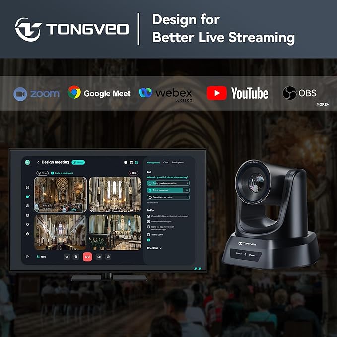 TONGVEO AI Wireless PTZ Camera System with Auto Tracking Built-in Receiver &amp Bluetooth Speakerphone 5.8GHz 1080P 60fps Conference Camera with 3X Optical Zoom for Church Zoom OBS Meetings