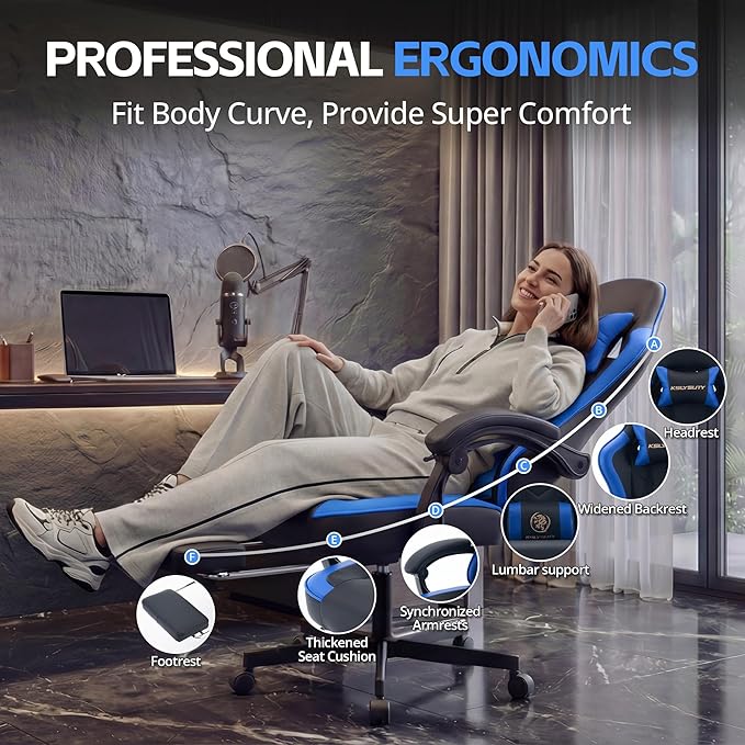 Desk Computer Gaming Chair - High Back Ergonomic Office Chair with Footrest and Lumbar Support Swivel Comfy Home Gamer Video Game Chairs with Pocket Spring Cushion for Adults (Blue Leather)