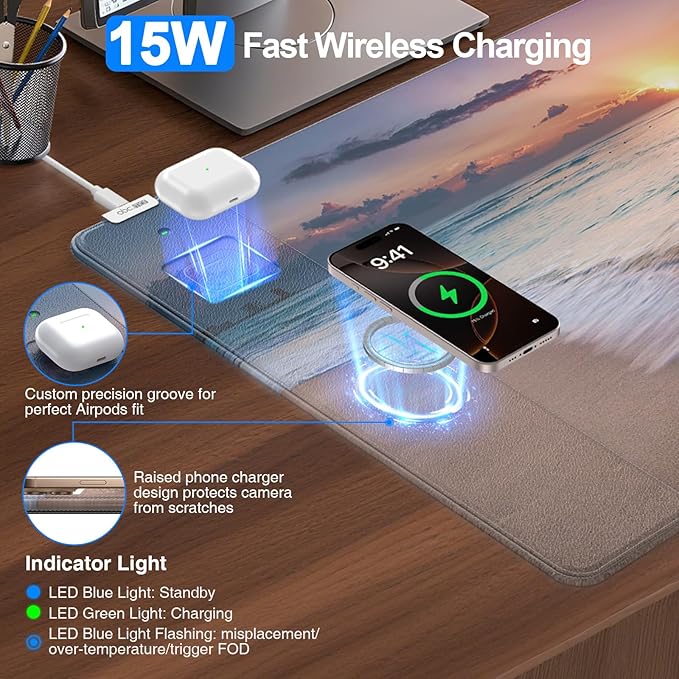 Wireless Charging Mouse Pad 31.5x15.8 Large Gaming Desk Mat for Keyboard/Laptop Waterproof Ultra-Smooth Surface Non-Slip Base with 20W PD Adapter Beach Sunset