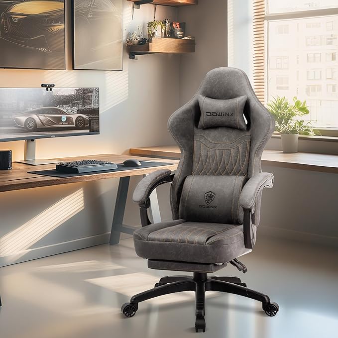 Dowinx Gaming Chair Breathable PU Leather Gamer Chair with Footrest Massage Lumbar Support Big and Tall Ergonomic Reclining Computer Chair with Pocket Spring Cushion for Adults Teens (Grey)