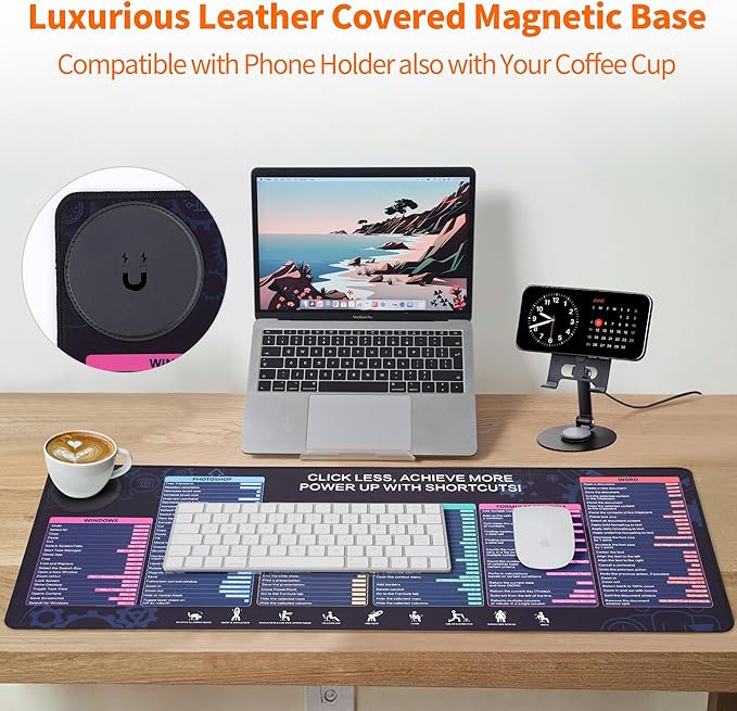 Magnetic Wireless ChargingExcel Cheat Sheet Mouse Pad with Phone Stand Extended Excel Shortcuts Desk Pad Waterproof Ultra-Smooth Keyboard Mat Non-Slip Base (Not Included Adapter 9V 2A)