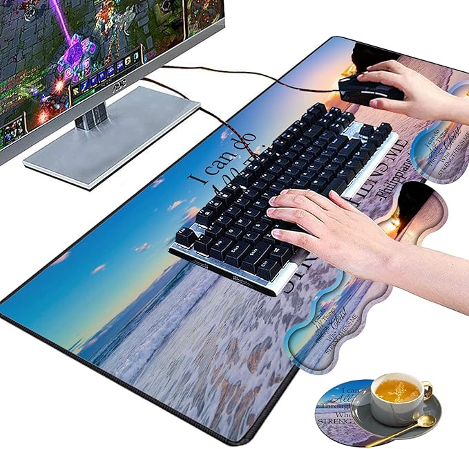 Large Gaming Mouse Pad Keyboard Wrist Rest pad + Mouse Wrist pad + Coaster Set Extended Waterproof Non-Slip Table mat Suitable for Home Office Learning Games - Philippians 4-13