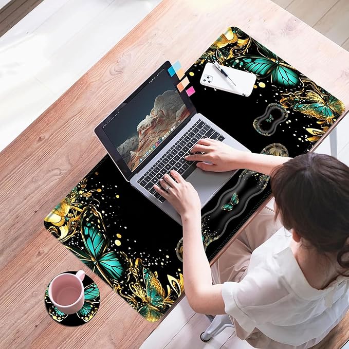 Mouse PadLarge Desk Mat Set 4in1 XL Mousepad + Keyboard Wrist Rest+Mouse Wrist Rest+Coaster with Ergonomic Desk Pad for Home Office Table Computer Cover -Golden Turquoise Butterfly