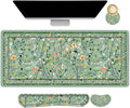 Floral Desk Mat 4in1 Large Mouse Pad with Wrist Rest Anti-Slip Desk Pad for Desktop XXL Ergonomic Mousepad with Wrist Support for Keyboard and Mouse Green Art Flowers