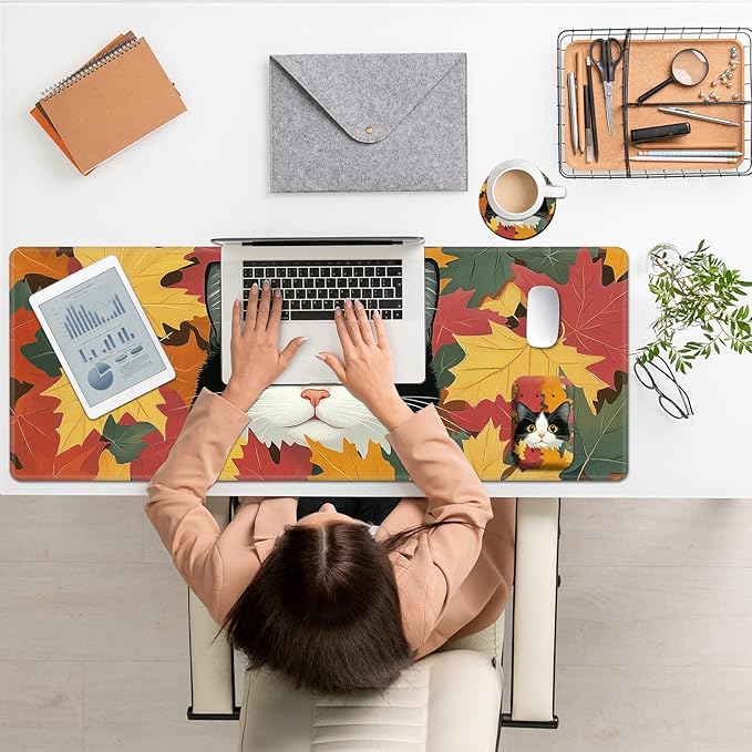 Large Mouse Pad Set Desk Mat + Elbow Rest Pad + Coaster Easy Typing Pain Relief Ergonomic Arm Rest Pad with Memory Foam Extended Desk Pad Anti-Slip Rubber Base for Office Home Autumn Cat