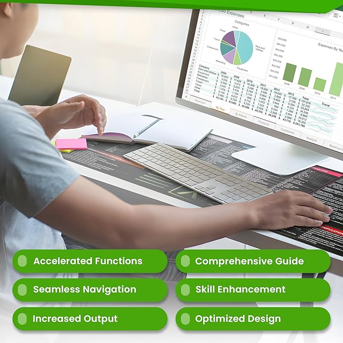 Large Excel Cheat Sheet Desk Pad | Excel Pad Shortcut Keys Mouse Mat - Extended Office Excel Mouse Pad with Excel Shortcuts &amp Formulas | Waterproof | XL Giant Deskpad for Desk 35.5 x 15.7