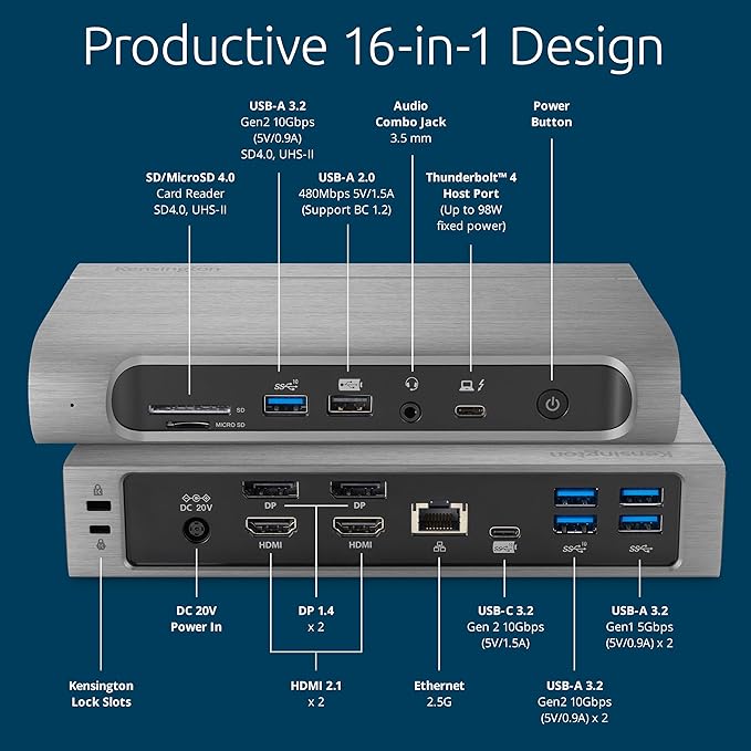 Kensington SD5800T Thunderbolt 4 and USB4 Quad 4K Display Docking Station 100W Charging 2 x HDMI 2 x DP 2.5G Ethernet Card Readers for Windows/MacOS (K32856NA)