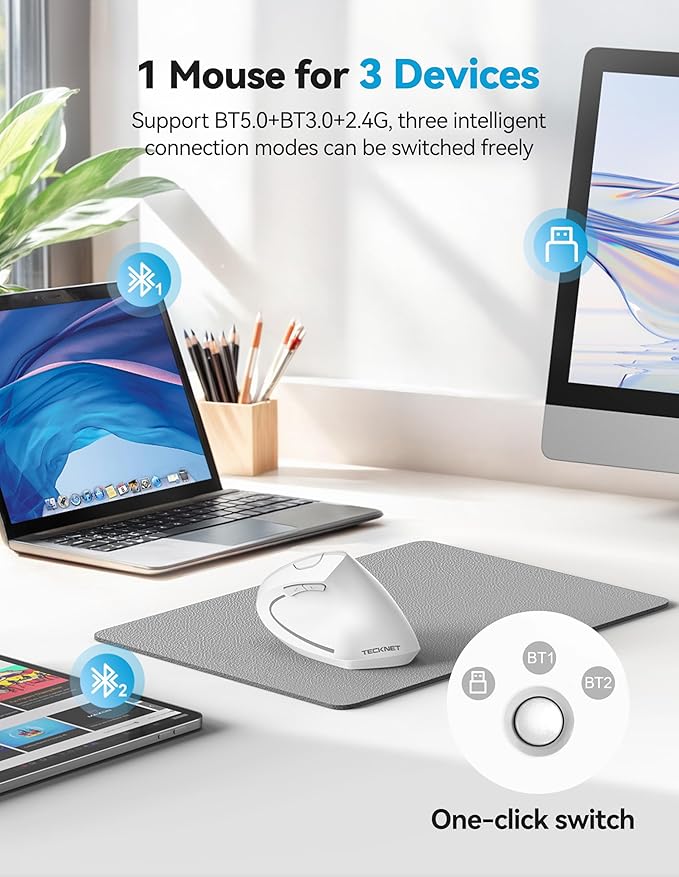 TECKNET Ergonomic Mouse Rechargeable 2.4G+Bluetooth Vertical Mice 6 DPI Adjustable Wireless Optical Carpal Tunnel Mouse Right Hand Multi Device for Laptop PC Computer MacBook iPad - White