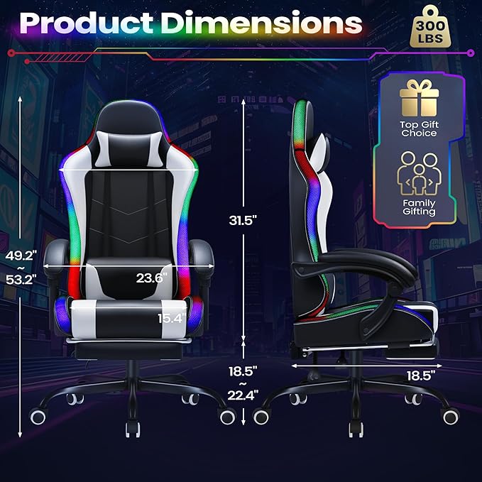 Homall Gaming Chair Video Game Chair with Footrest and Massage Lumbar Support Ergonomic Computer Chair Height Adjustable with Swivel Seat and Headrest (RGB Lvory)