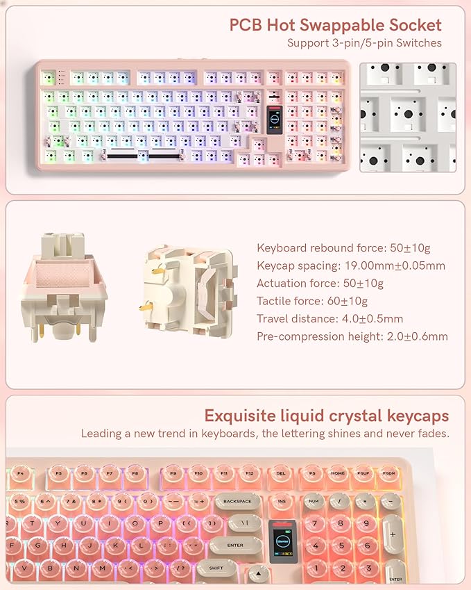 Keymatic Foundation Mechanical Keyboard98% Pink Creamy Keyboard Gaming Keyboard3 Mode with Multimedia ScreenRGB BacklitJelly MOA Profile keycaps for Win/MacPink