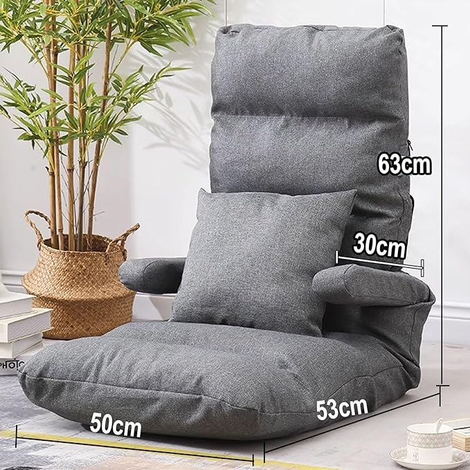 Gaming Chair Floor Cheap Iron Frame Support and Linen Fabric Fold Out Chair Bed Can Bear About 100KG Multiple Parts Can Be Adjusted with Armrests and Pillow(Gray)