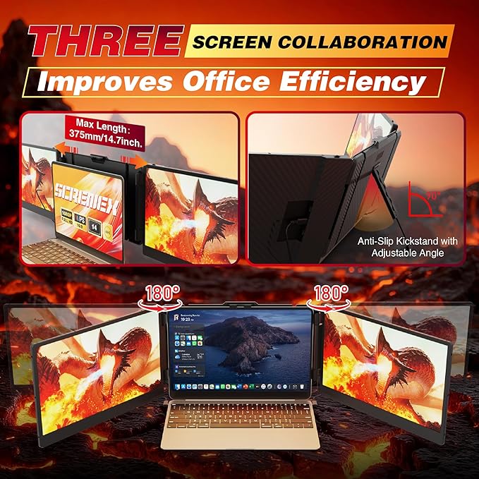 Laptop Screen Extender Triple Monitor 14.2 Portable Multi Monitor FHD 1080P IPS Ultra-Thin HDMI/USB-A/Type-C &amp Plug &amp Play Fits 13-17 Laptops Compatible with Windows/macOS/Android/Switch