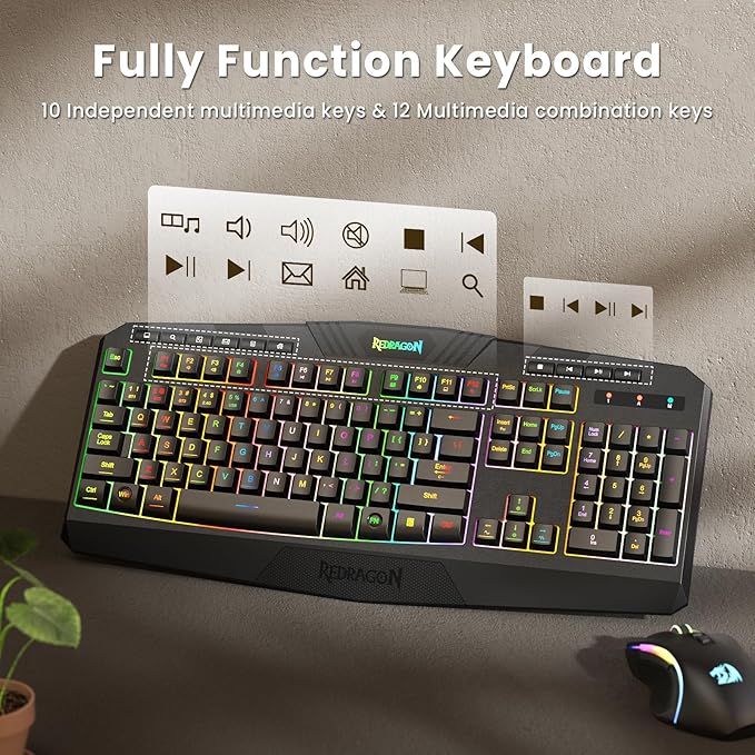 Redragon S101M-KS Gaming Keyboard and Mouse Wireless with Tri-Mode RGB Keyboard and 4800 DPI Gaming Mouse 10 Independent Multimedia Keys for Wins PC Computer Wireless S101 Ideal for Gamer