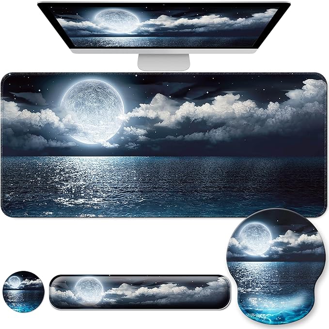 Desk Mat Set + Keyboard and Mouse Pad with Wrist Rest Support4-in-1 Large Mousepad Computer Mats for Desktop Home &amp Office-Night Moon