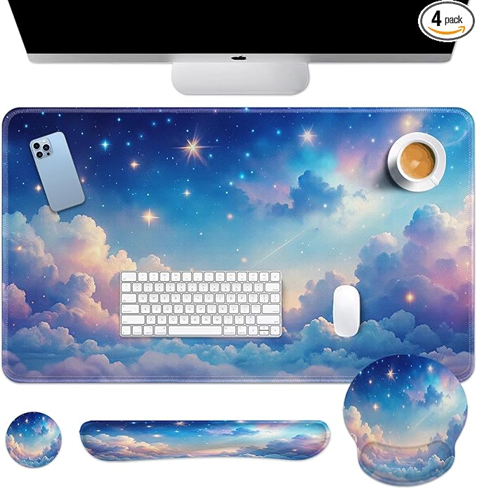 Arttown Starry Sky Desk Mat Cloud Colorful Mouse Pad Set 4 in 1 Beauty Night Sky Ergonomic Design Large Desk Pad + Keyboard Wrist Rest + Mouse Wrist Rest + Coaster Suitable for Home Office Study Game
