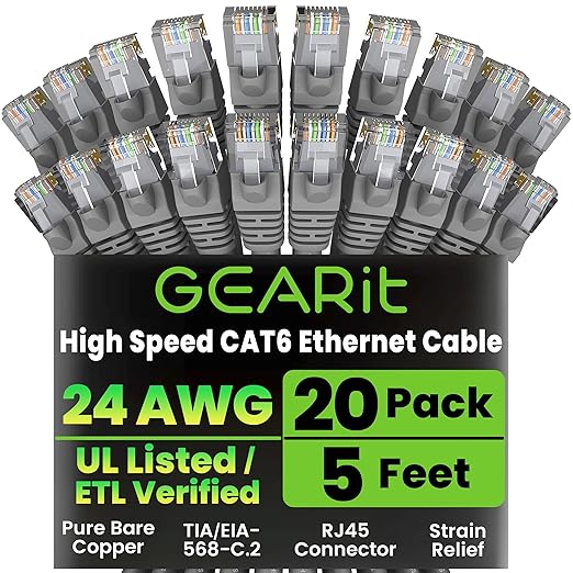 GEARit Cat 6 Ethernet Cable (20-Pack 5 Feet) Cat6 Network Patch 10Gbps RJ45 Snagless Cord Gold-Plated Connectors Internet for PC TV Tablet Router Printer Servers IT Data Center - Gray