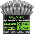 GEARit Cat 6 Ethernet Cable (20-Pack 5 Feet) Cat6 Network Patch 10Gbps RJ45 Snagless Cord Gold-Plated Connectors Internet for PC TV Tablet Router Printer Servers IT Data Center - Gray