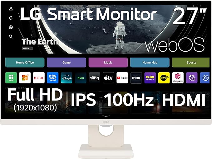 LG 27U511SA-W 27-Inch Smart Full HD (1920 x 1080) IPS Computer Monitor 100Hz Built-in Speaker Airplay Bluetooth Screen Share Flicker Safe Reader Mode Remote Control HDMI Tilt Stand White