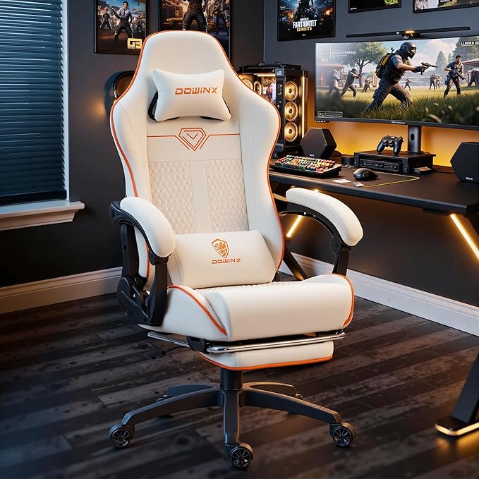 Dowinx Gaming Chair Big and Tall 350LBS Heavy Duty PC Gaming Chair with Massage &amp Footrest Ergonomic Reclining Gamer Chair with Embroidered Esports Design White