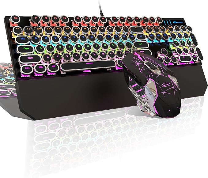 Typewriter Mechanical Gaming Keyboard and Mouse Combo Retro Punk Round Keycaps RGB Rainbow Backlit Wired Keyboard for Game and Office for Windows Laptop PC Red Switches(Black)