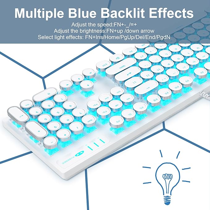 Camiysn Typewriter Style Mechanical Gaming Keyboard White Retro Punk Gaming Keyboard with Blue Backlit 104 Keys Blue Switch Wired Cute Keyboards Round Keycaps for Windows/Mac/PC