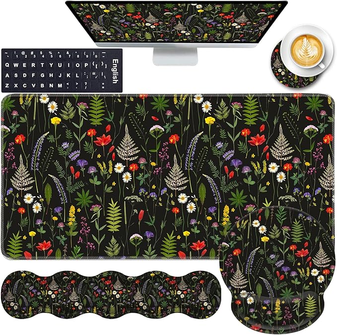 Mouse PadLarge Pink Desk Mat 4in1 XXL Mousepad + Keyboard Wrist Rest+Mouse Wrist Rest+Coaster Set with Ergonomic Desk Pad for Home Office Table Computer-Cute Flowers